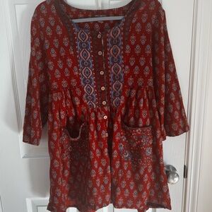 XL April Cornell Peasant Style Tunic – boho block print, 3/4 Sleeves